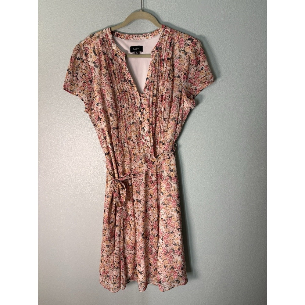 MSK Dress Pink Floral Chiffon Pleated Pintuck Midi Size 18 Cottagecore Tie Boho